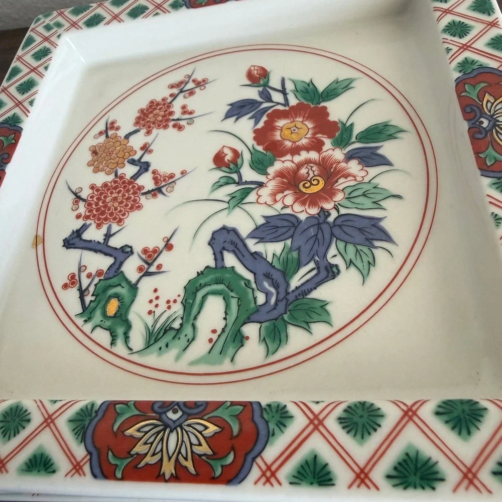 Vintage Imari Style Square Porcelain Appetizer Plates Set of 5 Floral Ceramic